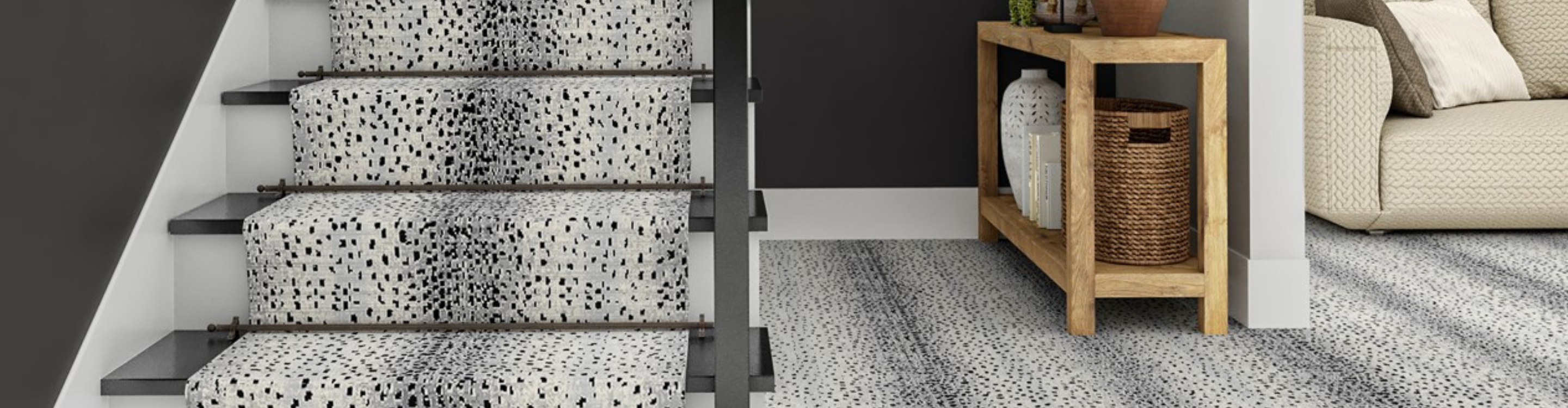black and white animal printed stair runner
