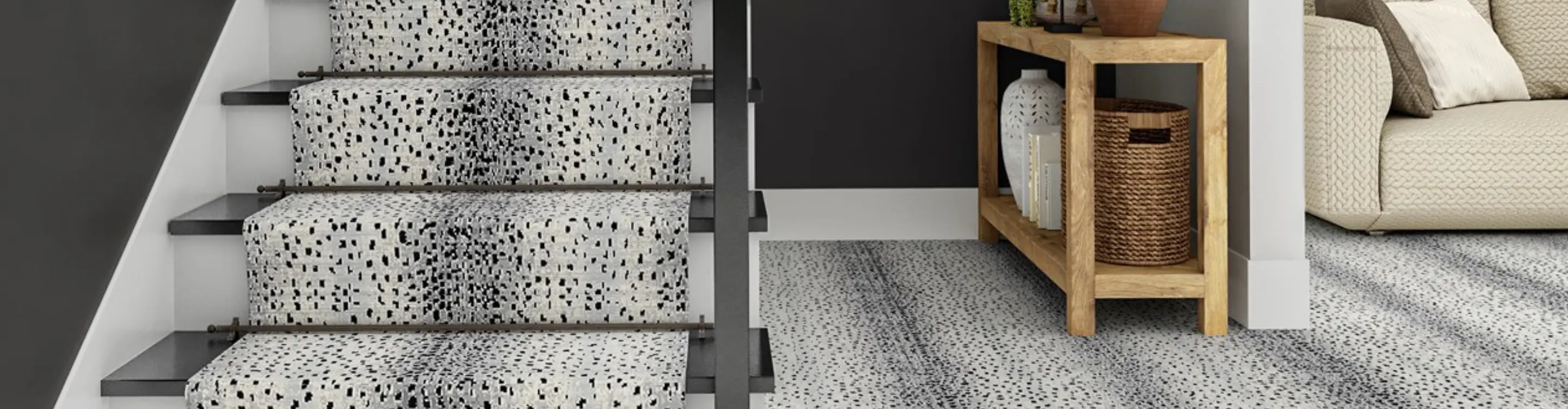black and white animal printed stair runner
