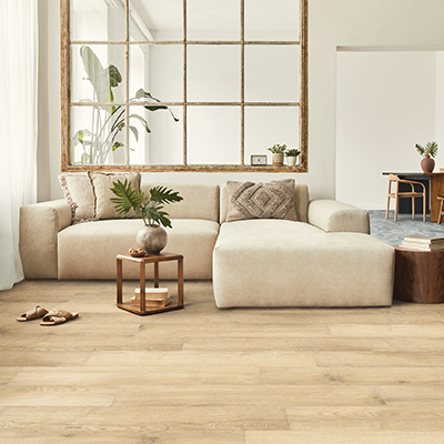 light toned hardwood flooring in Scandinavian-inspired living room